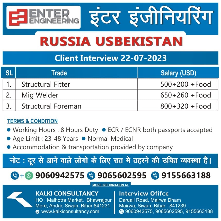 Enter Engineering, Russia Usbeskitan, Client Interview on (Saturday)22-07-2023