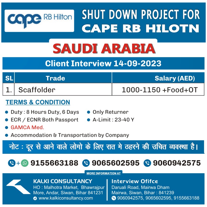 Urgent Requirement for Saudi Arabia, Shutdown, Client Interview on 14-09-2023