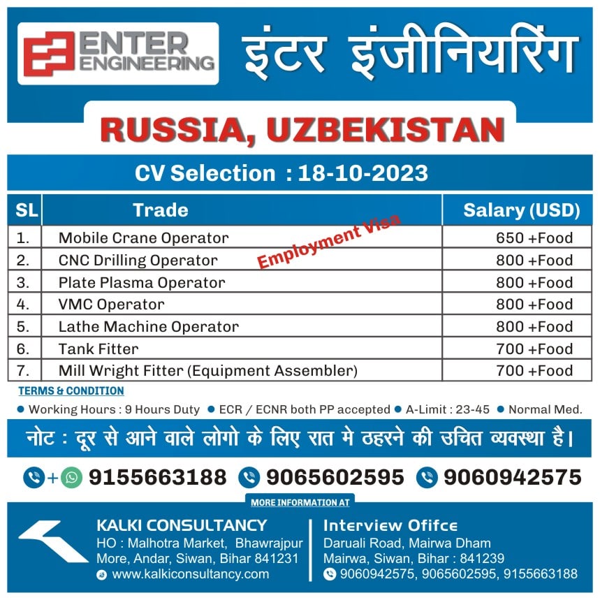 Enter Engineering, Russia Uzbekistan, CV Selection on : 18-10-2023