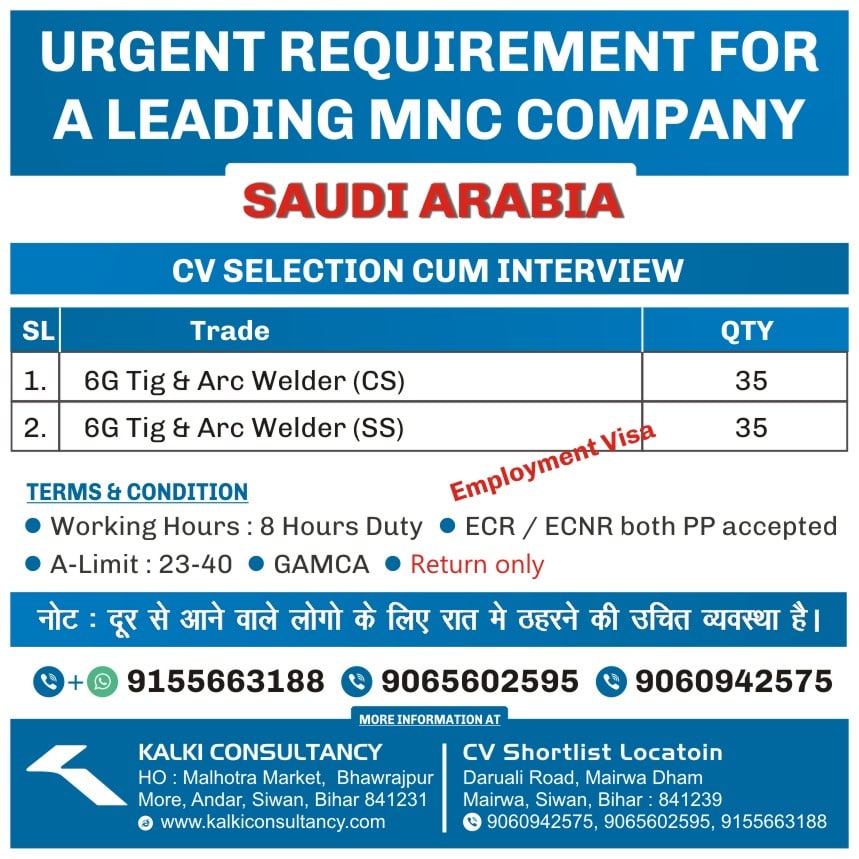 URGENT REQUIREMENT FORA LEADING MNC COMPANY – Posted on : 04-11-2023