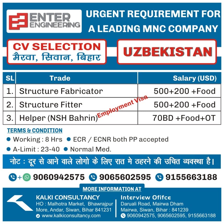 URGENT REQUIREMENT FOR A LEADING MNC COMPANY, UZBEKISTAN – Posted on : 27-12-2023