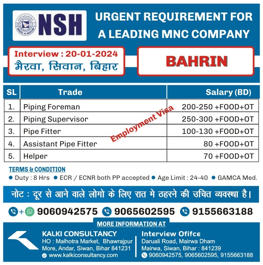 URGENT REQUIREMENT FOR A LEADING MNC COMPANY, BAHRIN – Posted on : 17-01-2024