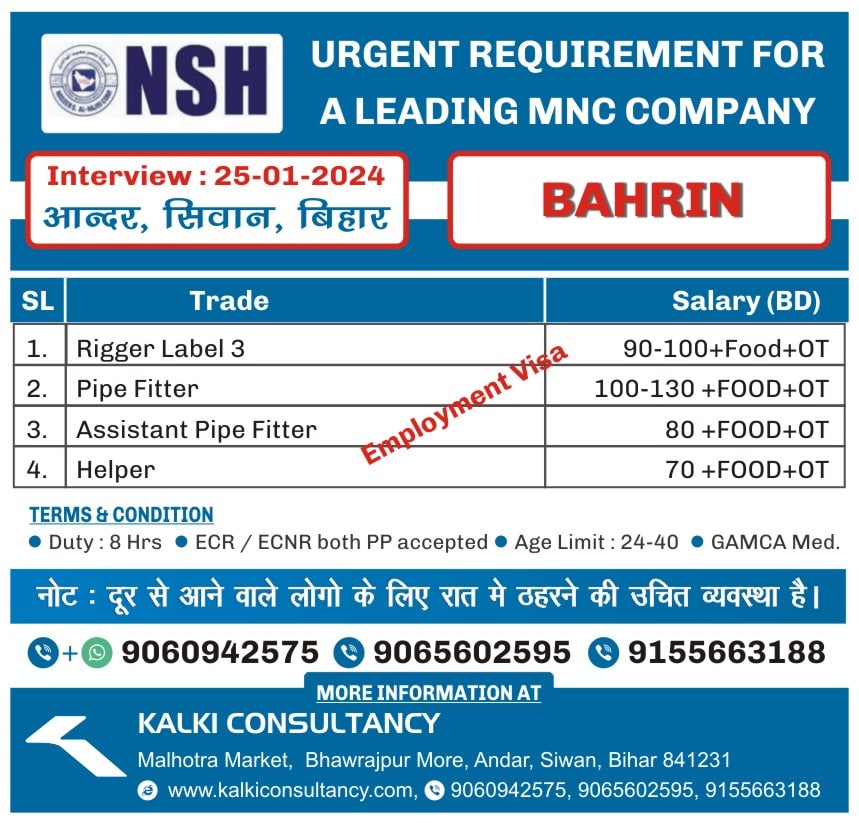 URGENT REQUIREMENT FOR A LEADING MNC COMPANY, BAHRIN – Posted on : 21-01-2024