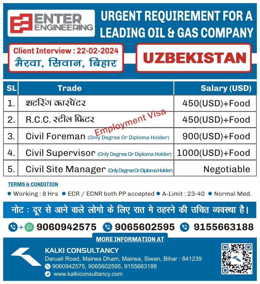 URGENT REQUIREMENT FOR A LEADING OIL & GAS COMPANY, UZBEKISTAN – Posted on : 18-02-2024