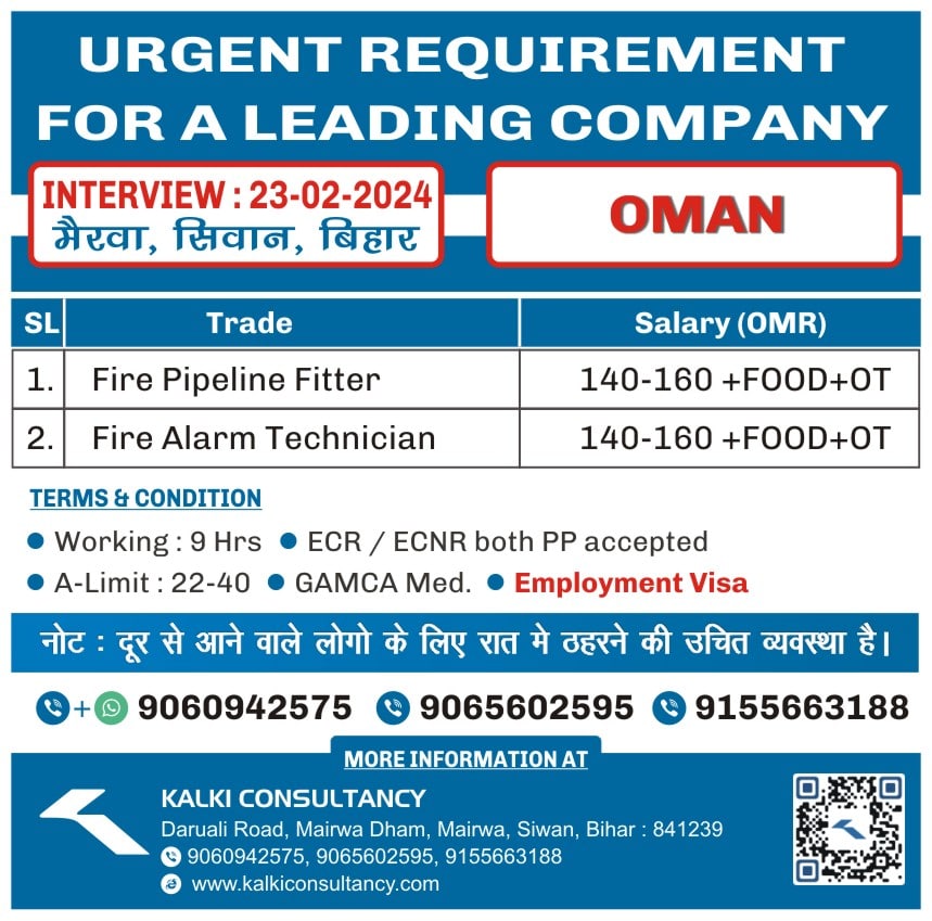 URGENT REQUIREMENT FOR A LEADING COMPANY, OMAN – Posted on : 18-02-2024