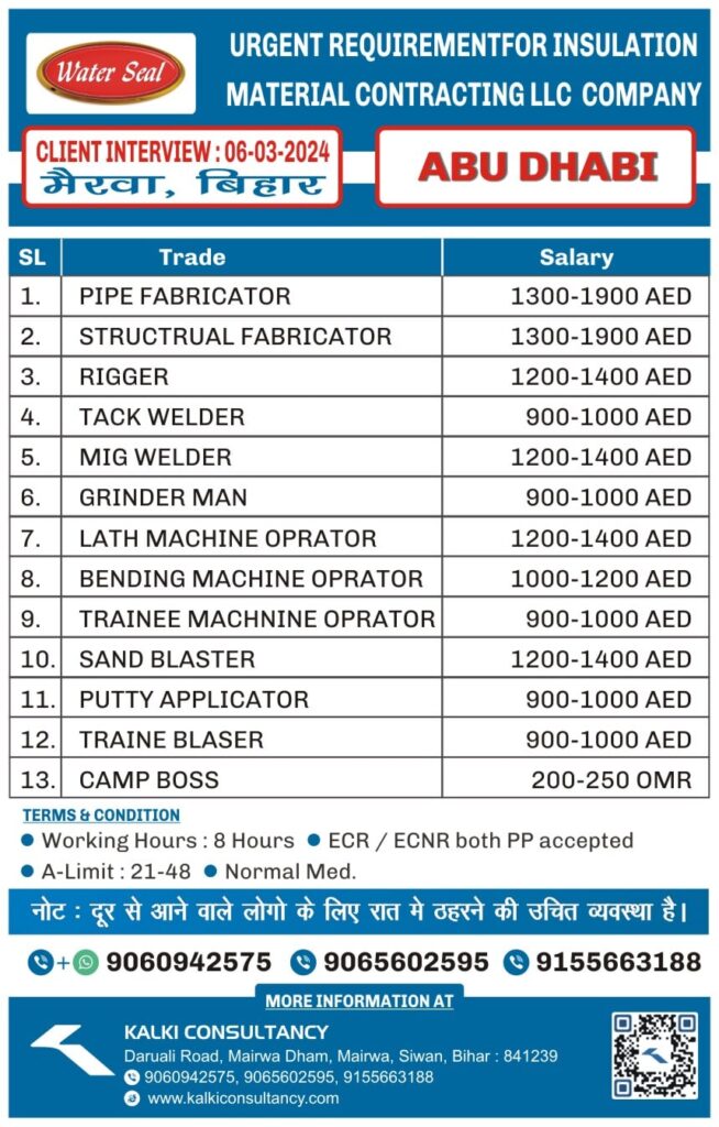 URGENT REQUIREMENT FOR A LEADING COMPANY, ABU DHABI – Posted on : 03-03-2024