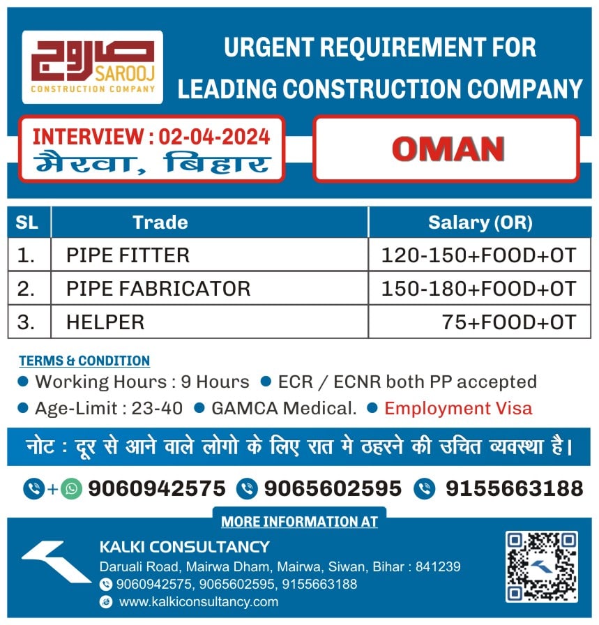 URGENT REQUIREMENT FOR A LEADING COMPANY, OMAN – Posted on : 31-03-2024