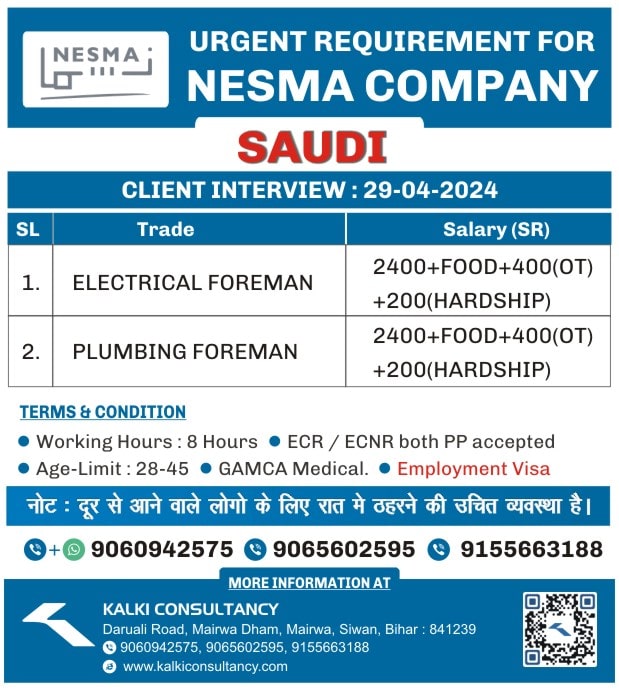 URGENT REQUIREMENT FOR A LEADING COMPANY, SAUDI – Posted on : 24-04-2024