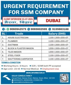 URGENT REQUIREMENT FOR A LEADING COMPANY, DUBAI – Posted on : 26-06-2024 