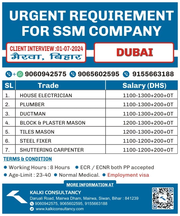 URGENT REQUIREMENT FOR A LEADING COMPANY, DUBAI – Posted on : 26-06-2024 