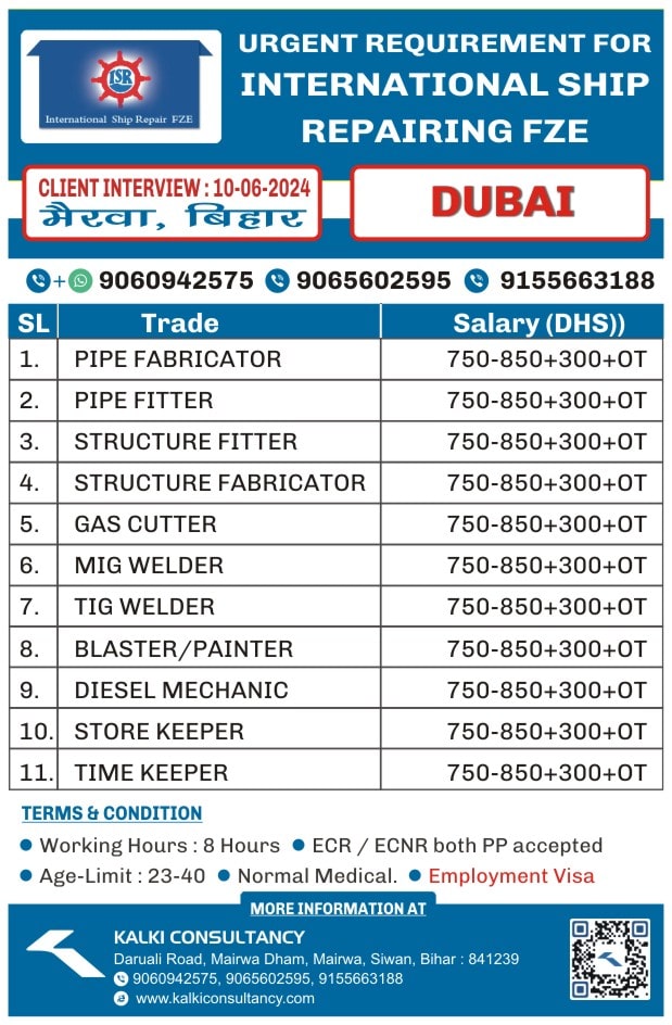 URGENT REQUIREMENT FOR A LEADING COMPANY, DUBAI – Posted on : 05-06-2024