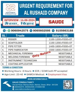 URGENT REQUIREMENT FOR A LEADING COMPANY, SAUDI – Posted on : 12-06-2024