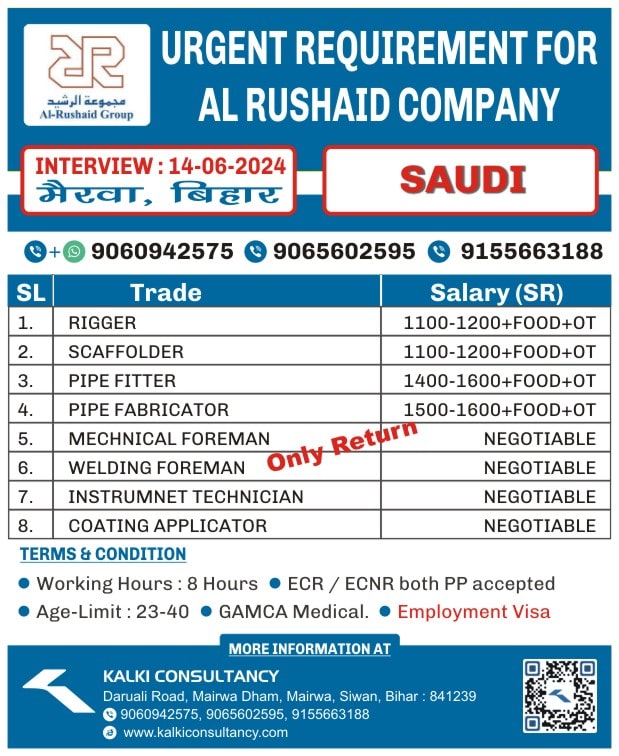 URGENT REQUIREMENT FOR A LEADING COMPANY, SAUDI – Posted on : 12-06-2024