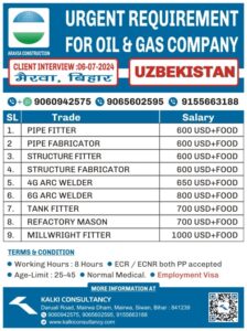 URGENT REQUIREMENT FOR A LEADING COMPANY, UZBEKISTAN – Posted on : 02-07-2024