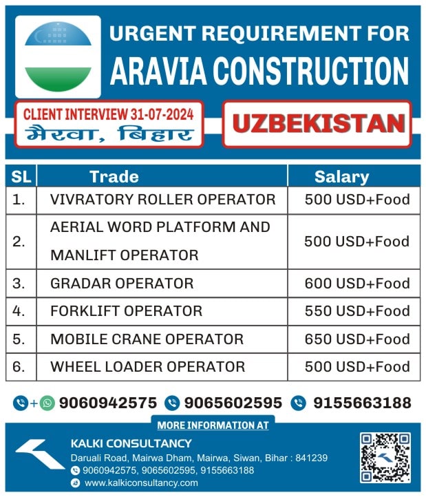 URGENT REQUIREMENT FOR A LEADING COMPANY, UZBEKISTAN – Posted on : 26-07-2024