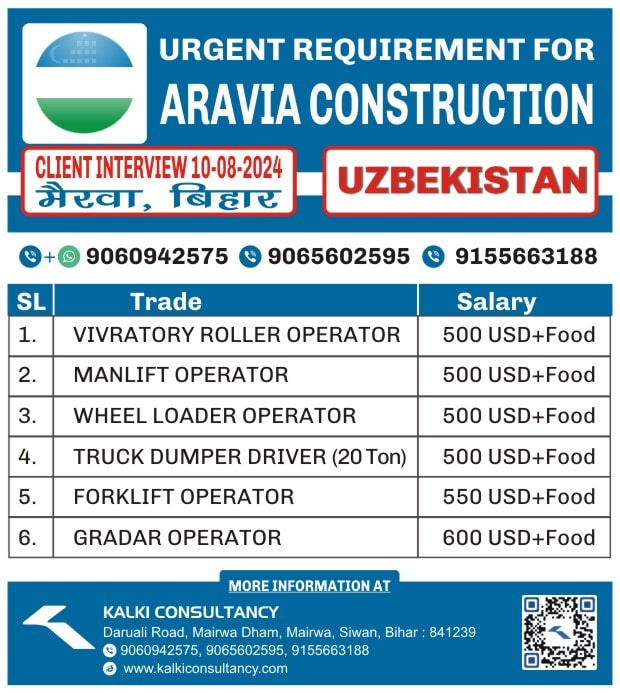 URGENT REQUIREMENT FOR A LEADING COMPANY, UZBEKISTAN – Posted on : 07-08-2024