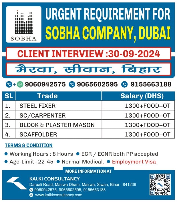 URGENT REQUIREMENT FOR A LEADING COMPANY, DUBAI – Posted on : 27-09-2024