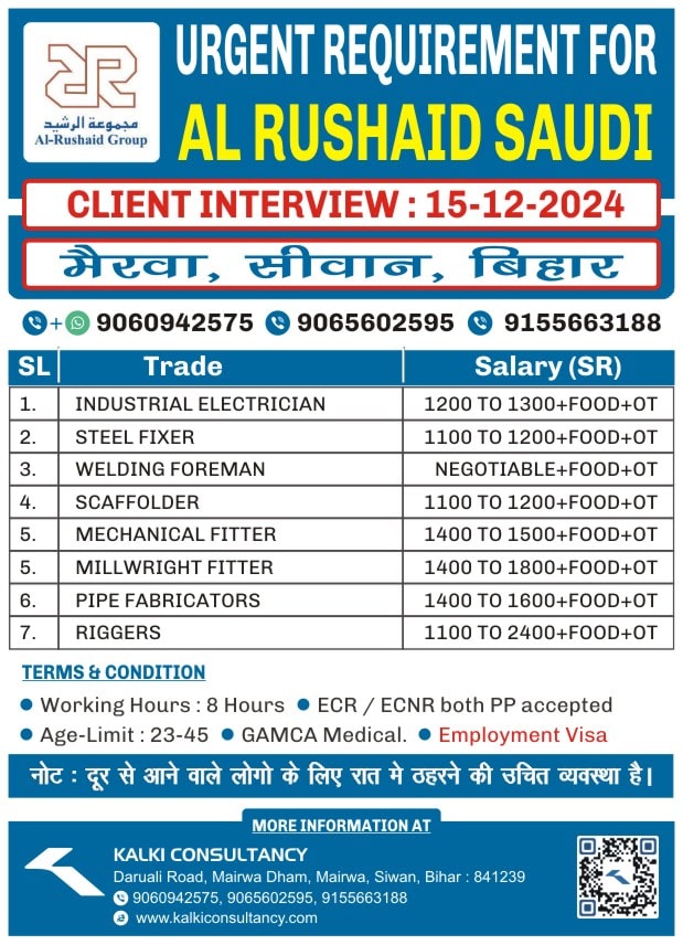 URGENT REQUIREMENT FOR A LEADING COMPANY, SAUDI – Posted on : 12-12-2024