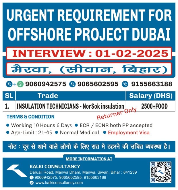 URGENT REQUIREMENT FOR A LEADING COMPANY, DUBAI – Posted on : 30-01-2025