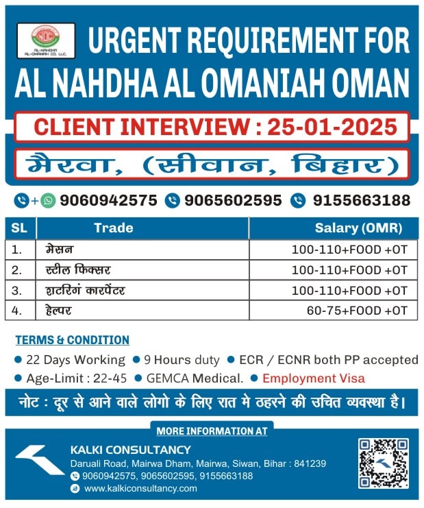 URGENT REQUIREMENT FOR A LEADING COMPANY, OMAN – Posted on : 22-01-2025