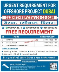 URGENT REQUIREMENT FOR A LEADING COMPANY, DUBAI – Posted on : 01-02-2025