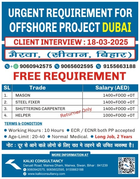 URGENT REQUIREMENT FOR A LEADING COMPANY, DUBAI – Posted on : 16-03-2025