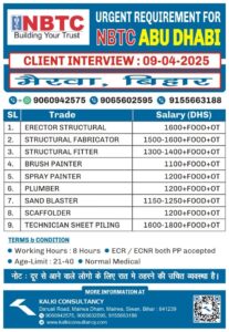 URGENT REQUIREMENT FOR A LEADING COMPANY, ABU DHABI – Posted on : 05-04-2025