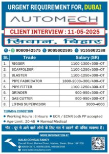 URGENT REQUIREMENT FOR A LEADING COMPANY, DUBAI – Posted on : 09-05-2025