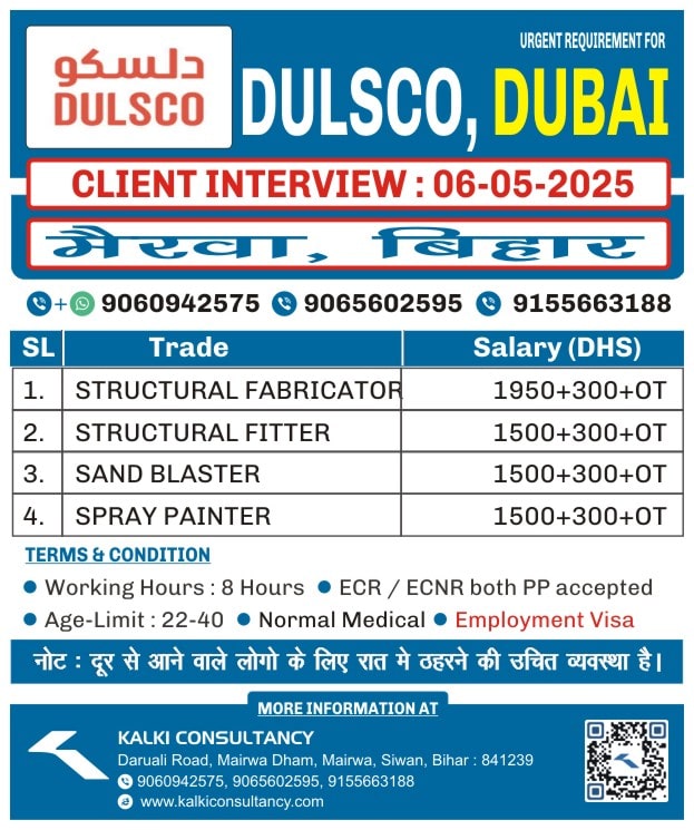 URGENT REQUIREMENT FOR A LEADING COMPANY, DUBAI – Posted on : 04-05-2025
