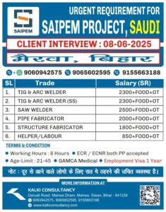 URGENT REQUIREMENT FOR A LEADING COMPANY, SAUDI – Posted on : 06-06-2025