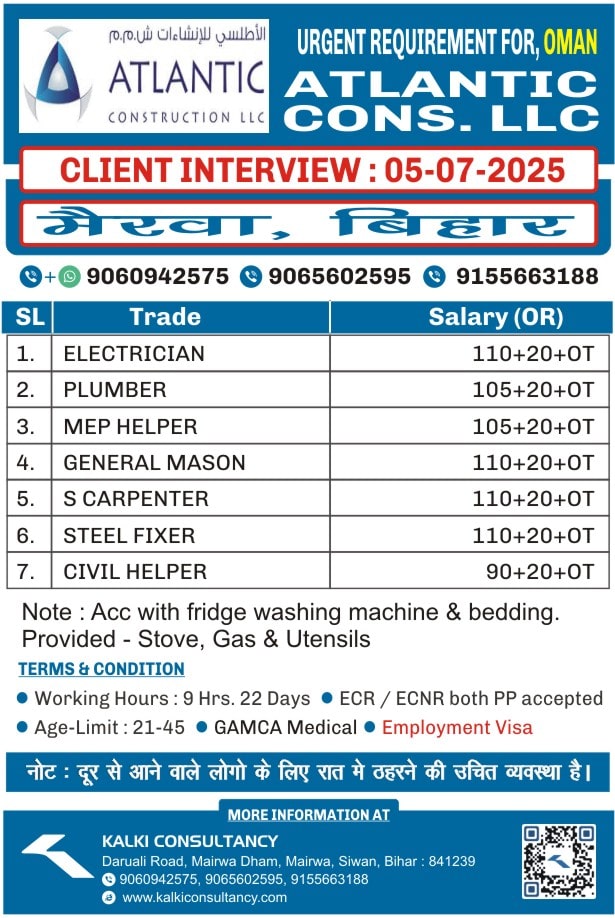 URGENT REQUIREMENT FOR A LEADING COMPANY, OMAN – Posted on : 03-07-2025