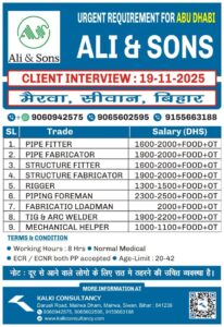 URGENT REQUIREMENT FOR A LEADING COMPANY, ABU DHABI – Posted on : 17-11-2025